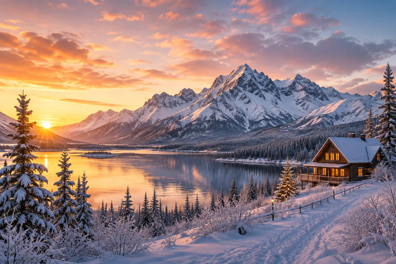 Verschneite Landschaft in Alaska mit See, Bergen, Nadelwald und beleuchteter Hütte im Abendlicht