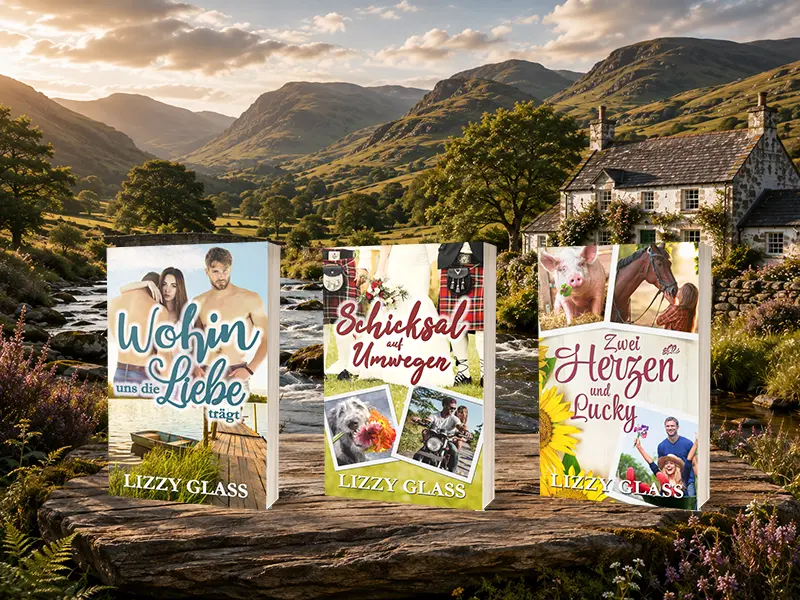 Drei Romane der Scots-Love-Reihe von Lizzy Glass vor schottischer Landschaft