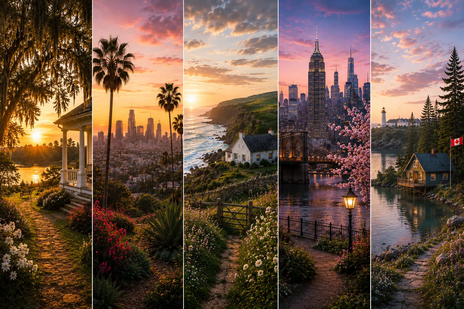 Collage mit fünf Schauplätzen der Einzelromane: Alabama, Los Angeles, Irland, New York und Nova Scotia