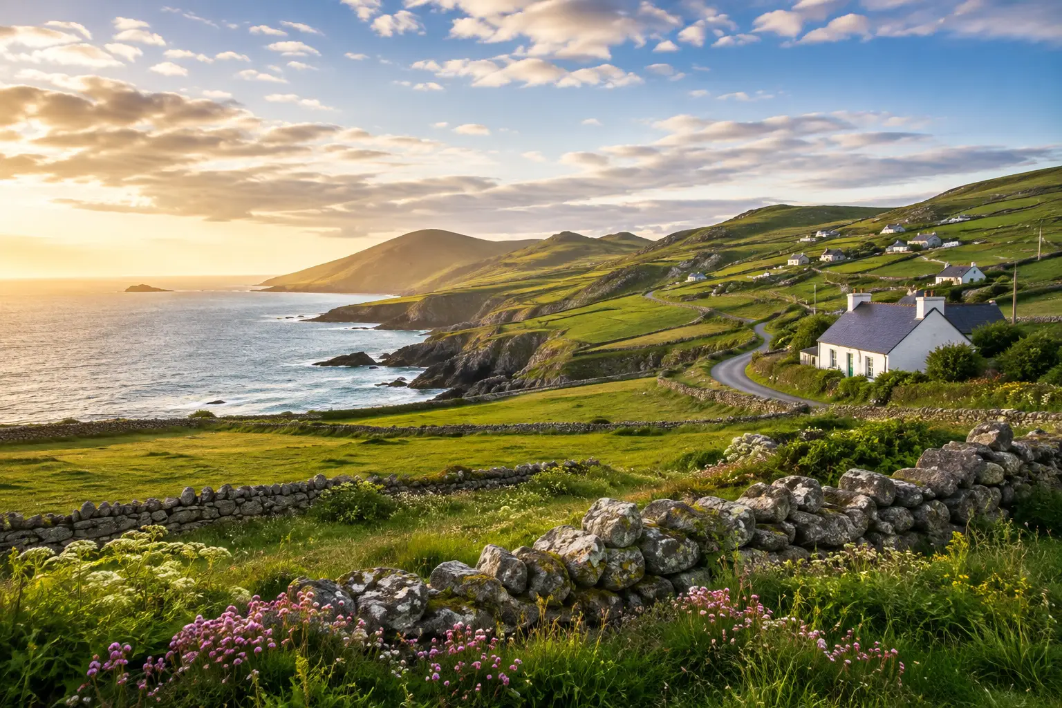 Grüne irische Küstenlandschaft mit Steinmauern, weißen Häusern und Atlantik im Abendlicht