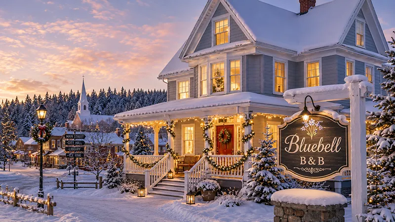 Verschneites Bluebell B&B in einer weihnachtlich geschmückten Kleinstadt in Alaska