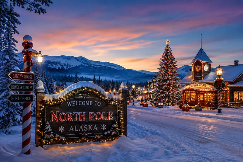 Verschneites North Pole in Alaska mit Weihnachtsbeleuchtung, geschmücktem Weihnachtsbaum und winterlicher Bergkulisse
