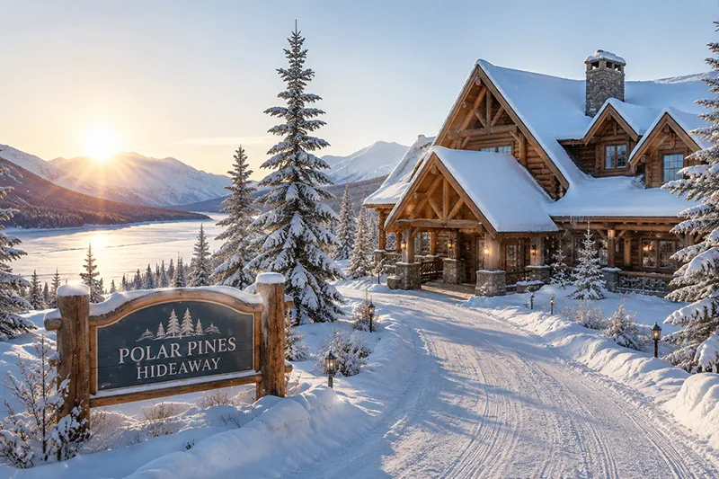 Verschneite Lodge in Alaska mit Bergen, Nadelwald und dem Schild Polar Pines Hideaway