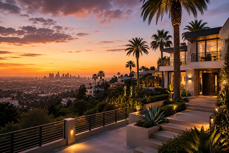 Moderne Villa in den Hollywood Hills mit Palmen und Blick über Los Angeles bei Sonnenuntergang