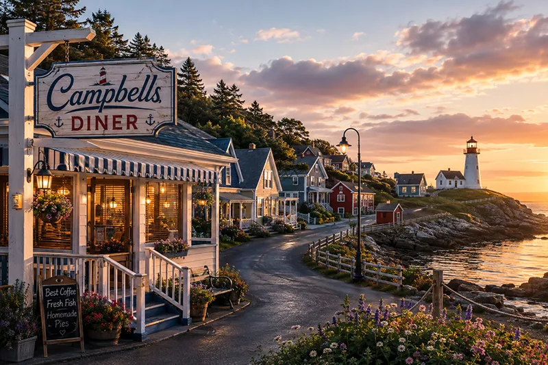 Idyllischer Küstenort in Nova Scotia mit Diner, Holzhäusern, felsiger Atlantikküste und Leuchtturm