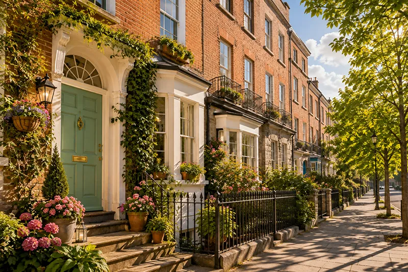 Charmantes Mehrfamilienhaus in Dublin mit Backsteinfassade, grüner Haustür und bepflanztem Vorgarten