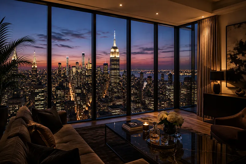 Luxuriöses Apartment in New York mit bodentiefen Fenstern und Blick auf die beleuchtete Skyline bei Nacht
