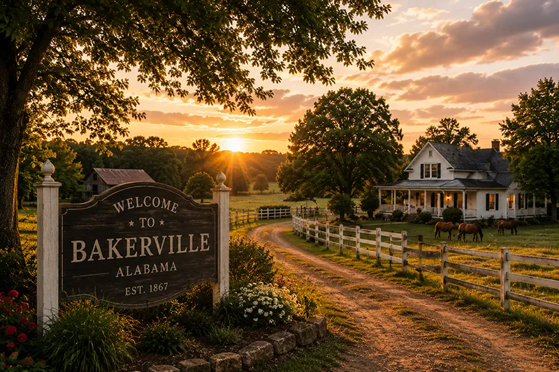 Ländliche Umgebung von Bakerville in Alabama mit weißem Farmhaus, Weiden und Pferden im Abendlicht