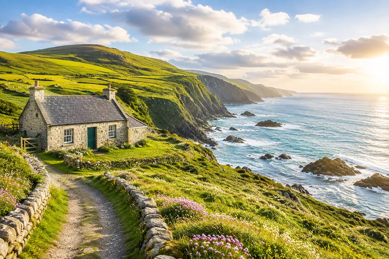 Abgelegenes Steincottage an einer grünen irischen Küste mit Felsklippen und Meer