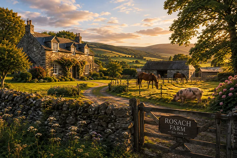 Idyllische Farm in Schottland mit Steinhaus, Pferden, Schwein, Weiden und Steinmauern