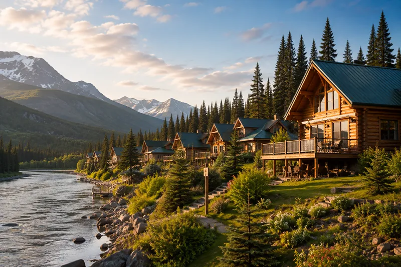 Idyllische Blockhaussiedlung am Fluss im Yukon mit Bergen und Nadelwald im Abendlicht