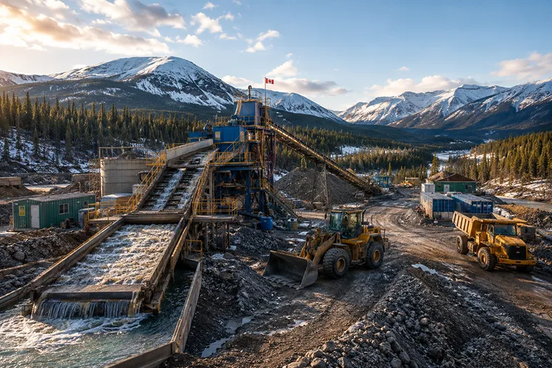 Moderne Goldmine im verschneiten Yukon mit Waschanlage, Baumaschinen und Berglandschaft