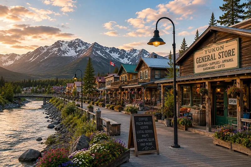 Idyllischer Ortskern von Sweetriver Crossing im Yukon mit General Store, Fluss und Bergkulisse