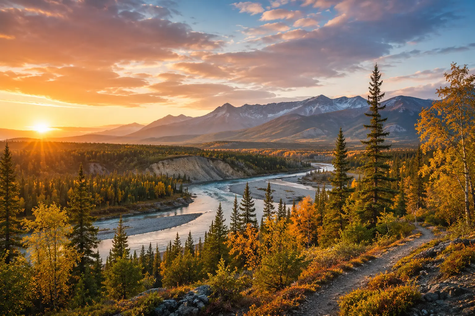 Weite Landschaft im Yukon mit Fluss, Nadelwäldern, herbstlichen Birken und Bergen im Abendlicht