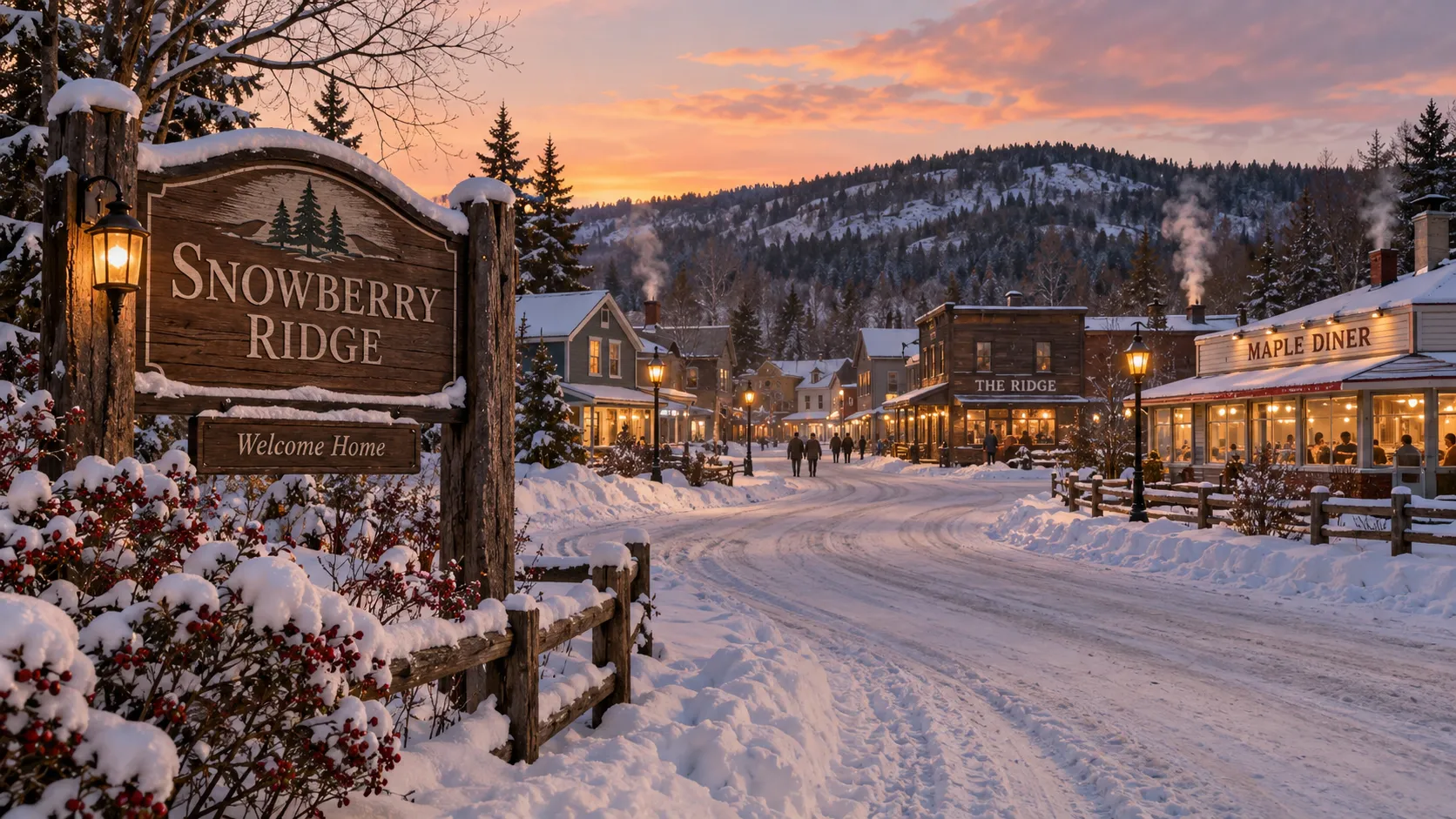 Ortseingang von Snowberry Ridge mit verschneiter Hauptstraße, Maple Diner und The Ridge im Abendlicht