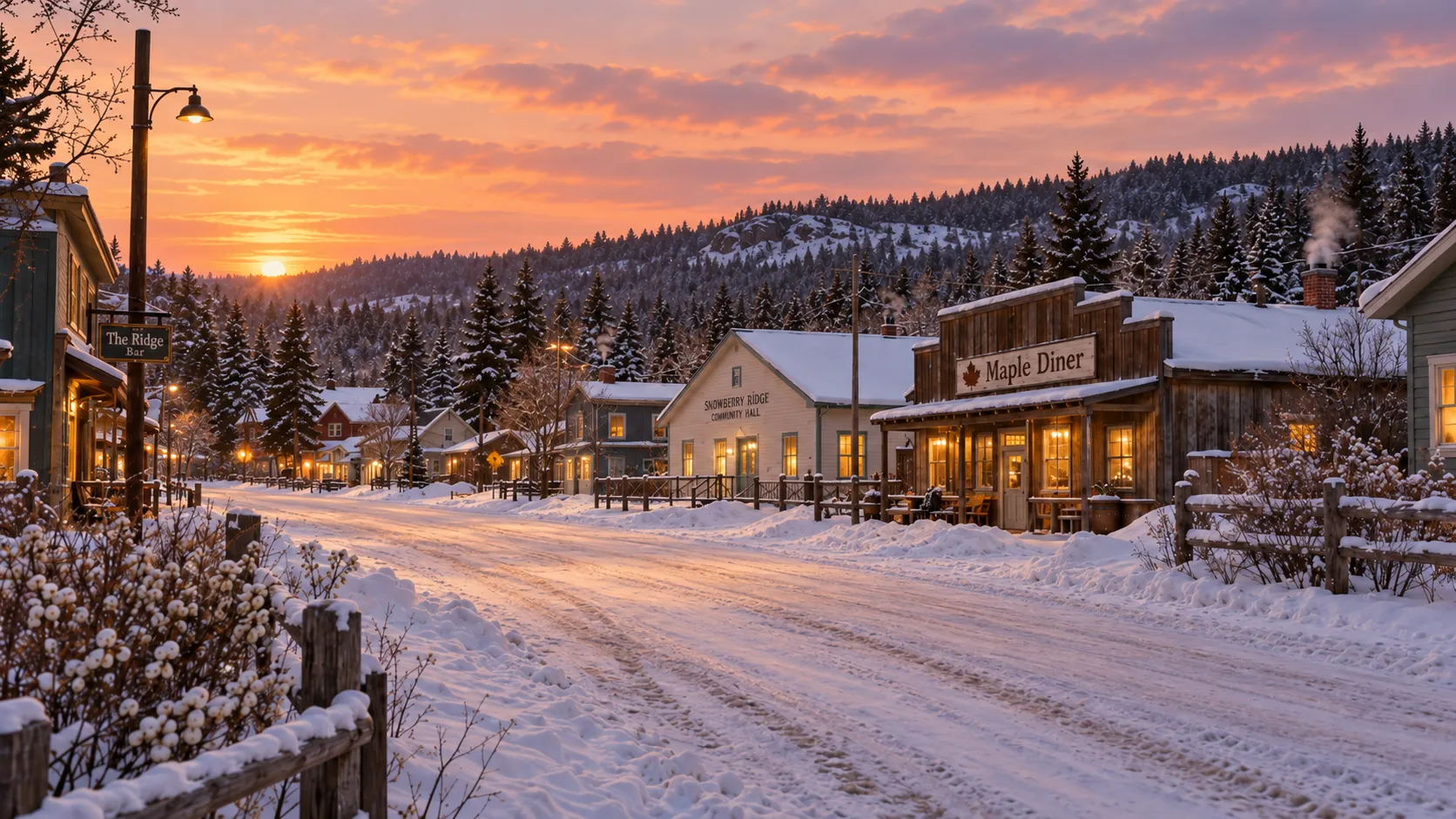 Verschneite Hauptstraße von Snowberry Ridge mit Maple Diner, Gemeindehaus und The Ridge