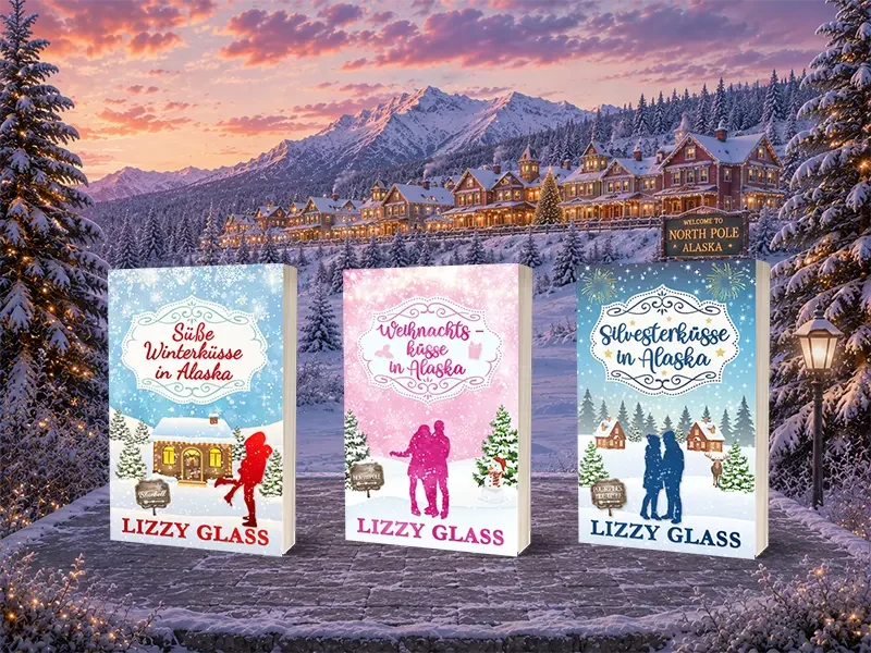Winterliche Landschaft in Alaska mit verschneiter Kleinstadt und Bergkulisse für die Alaska-Love-Reihe von Lizzy Glass