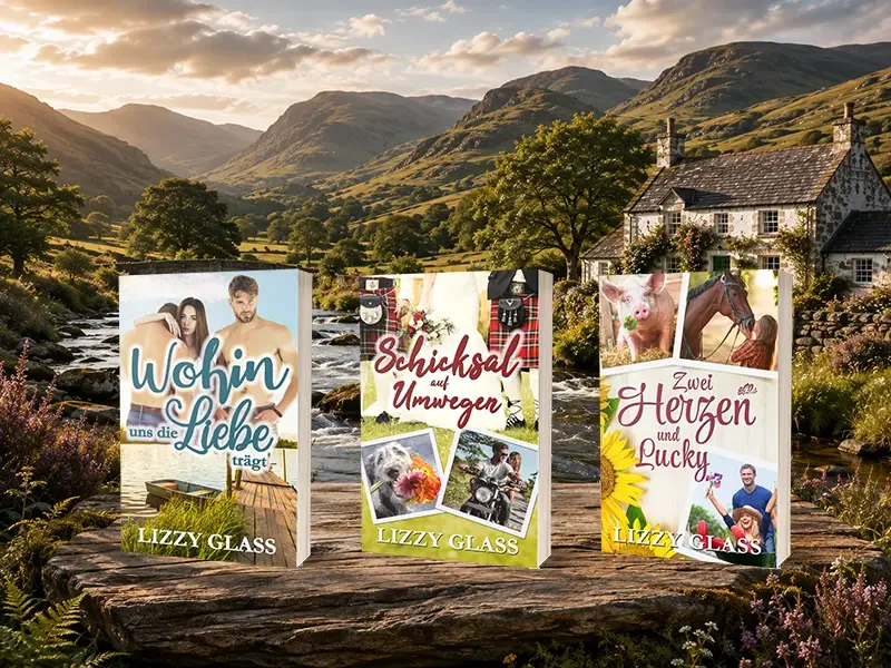 Drei Romane der Scots-Love-Reihe von Lizzy Glass vor schottischer Landschaft